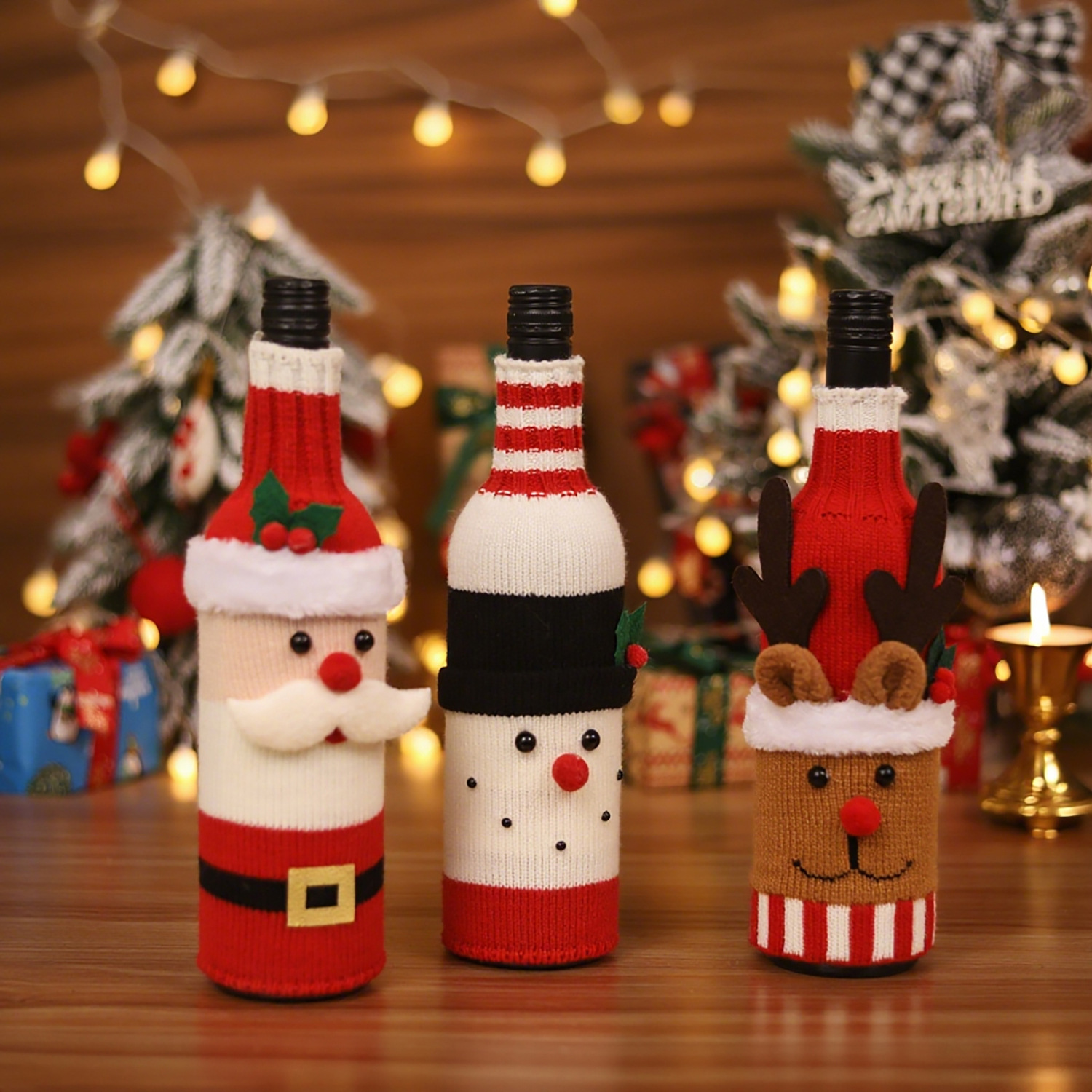 Mingguan nueva Navidad decoraciones de punto cinturón lana vieja botella vino cubierta mesa comedor vestir decoración la cocina