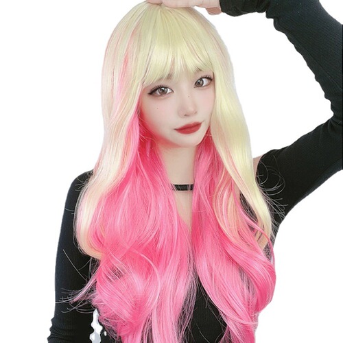 Cross-border e-commerce wig for women with big wavy golden gradient pink live broadcast source internet celebrity cute long curly hair full headgear