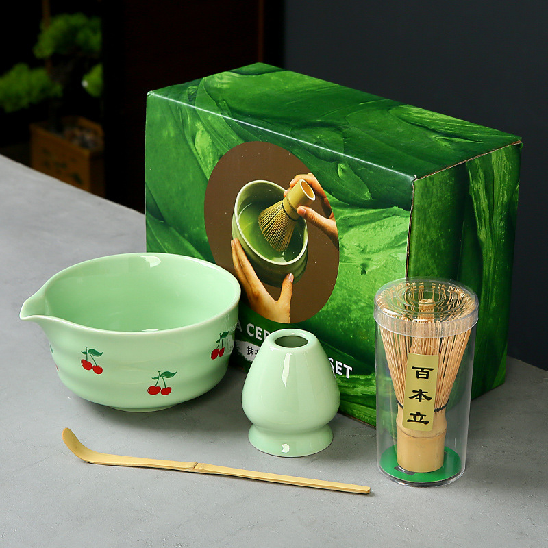 跨境抹茶碗套装樱桃蝴蝶结心形图案花纸陶瓷百本立茶筅点茶系列|undefined