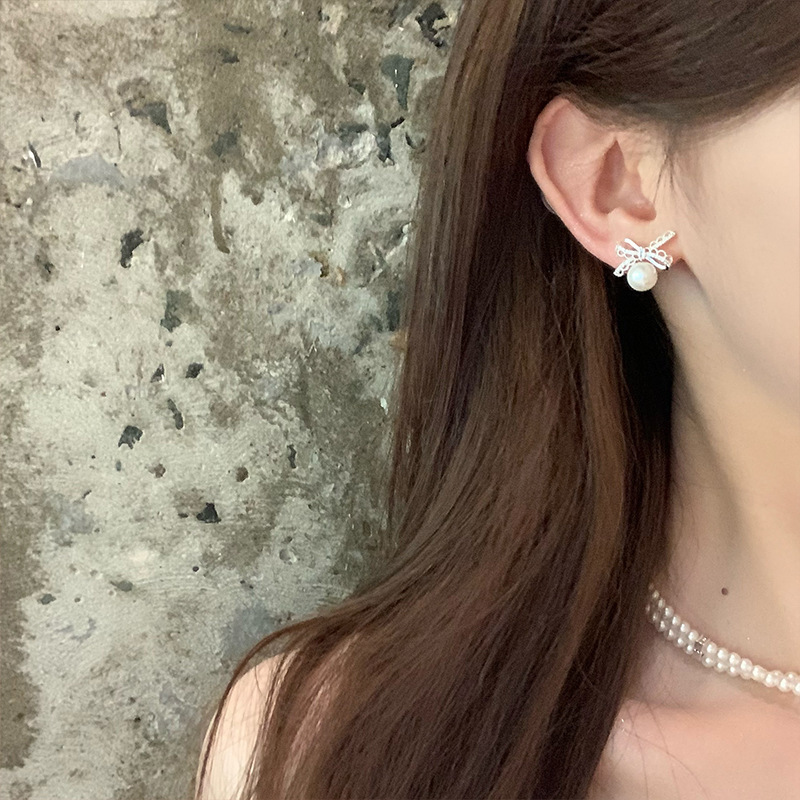 韩系芭蕾风蕾丝蝴蝶结珍珠耳钉女轻奢小众高级感气质耳环绝美耳饰|undefined