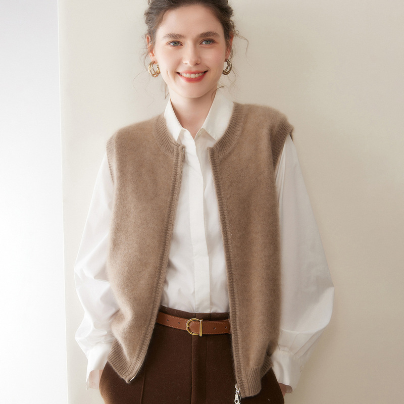 Autumn and Winter New Round Neck Zipper Cashmere Cardigan Vest for Women Loose Simple Casual Knitted Bottoming Sweater Vest Autumn and Winter New Round Neck Zipper Cashmere Cardigan Vest for Women Loose Simple Casual Knitted Bottoming Sweater Vest