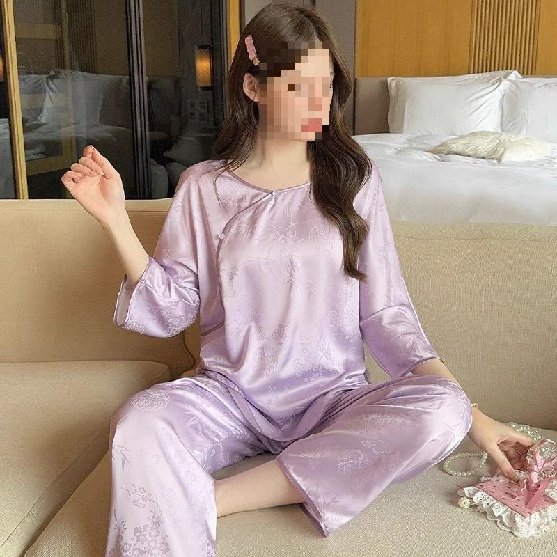 Carefully Selected Plus Size 100kg Pink Chinese Style Ice Silk Three-Quarter Sleeve Pajamas for Women Summer Home Wear Set Chinese Style