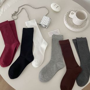 boneless socks for children early autumn Ankra red mid-length socks cotton ins trendy vintage contrast color solid color pile socks miu stockings