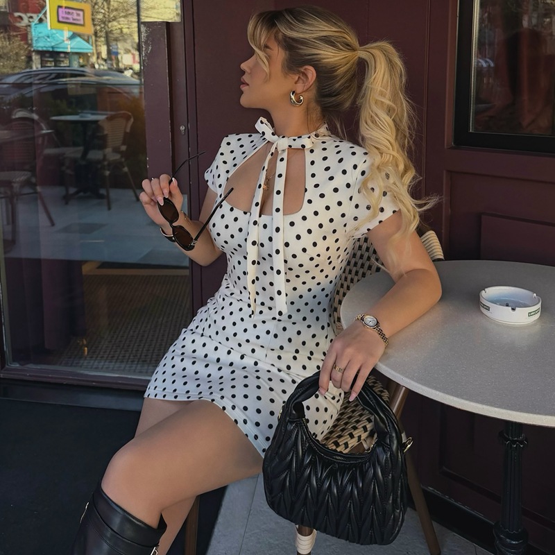 Women's 2026 Summer New Product Fashion Spice Girl Polka Dot Lace-up Slim Hip Wrap Dress_ecoleips.com