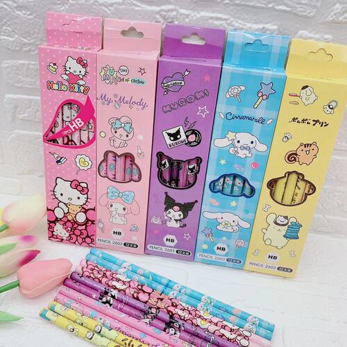 Cute Cartoon Monochrome Wood Pencil with Mochi Dog Design, 12-Piece HB Writing Pencil Set, Sanrio Kuromi Dango Dog Gift