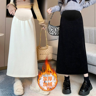 Maternity skirt 2024 corduroy skirt early autumn high waist mid-length slimming fleece-lined thickened split skirt for pregnant women