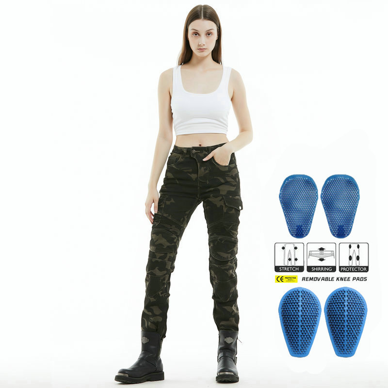 VOLERO Pantalones de motocicleta para mujeres Caballero Pantalones de caída Casual Vintage Locomotora Pantalones de trabajo Protector de silicona