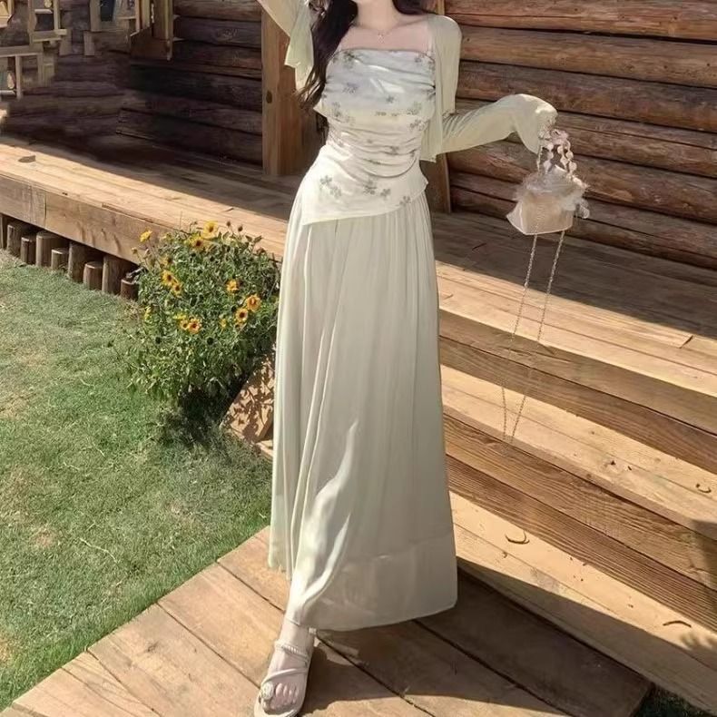 Bộ đầm maxi nữ thắt eo phong cách Trung Quốc mới, áo khoác ngoài + váy nửa người, thiết kế thắt lưng tôn dáng — Dây đeo+áo khoác+váy nửa người chi tiết 5