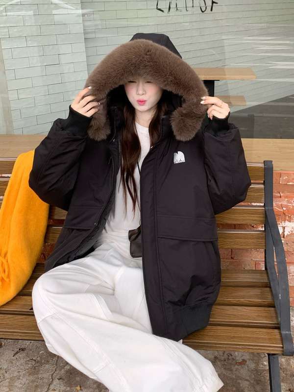 工装羽绒棉服女冬季2025新款小个子大毛领连帽加厚派克服棉衣外套|undefined