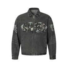 复古朋克做旧洗水牛仔外套男士欧美高街小众字母刺绣贴布翻领夹克