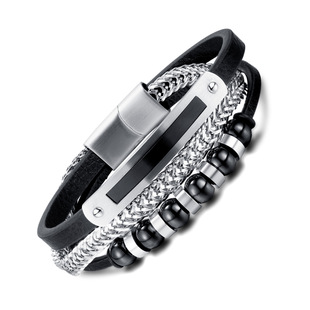 European and American Street Trendy Men's Black Asymmetric Magnetic Buckle Leather Bracelet Men's Multi-Layer Woven Leather Bracelet