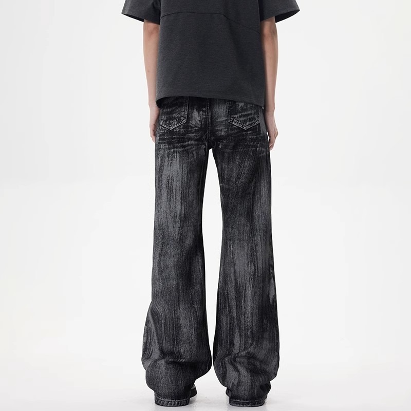 Pantalones vaqueros encerados vintage para hombre, corte recto relajado, estética limpia, lavado desgastado, ropa informal de calle_voghion.com