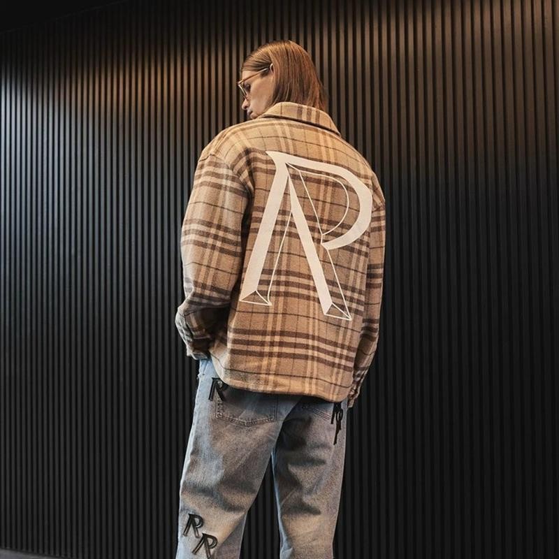 REPRESENTAR REP azul a cuadros de manga larga camisa Americana los hombres y las mujeres la misma letra R impreso Top otoño moda