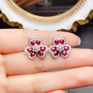 New natural old baked ruby earrings S925 silver inlaid with main stone 3*4mm Joker net red explosions women's jewelry batch