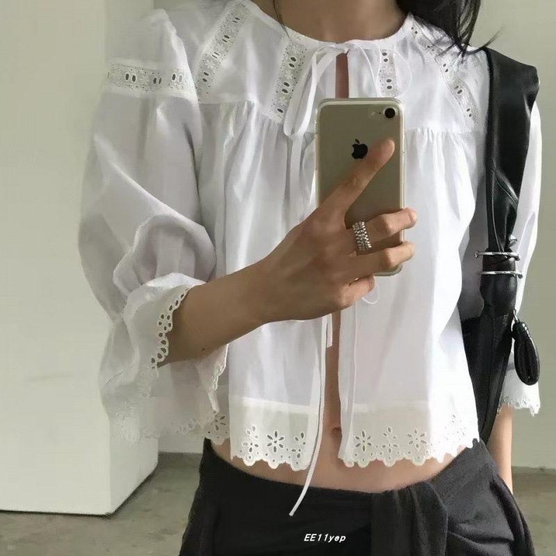 Women's Clothing from Dongdaemun, South Korea: High-Quality Simple Hollow-Out Bell-Sleeve Front-Tie Shirt for Women