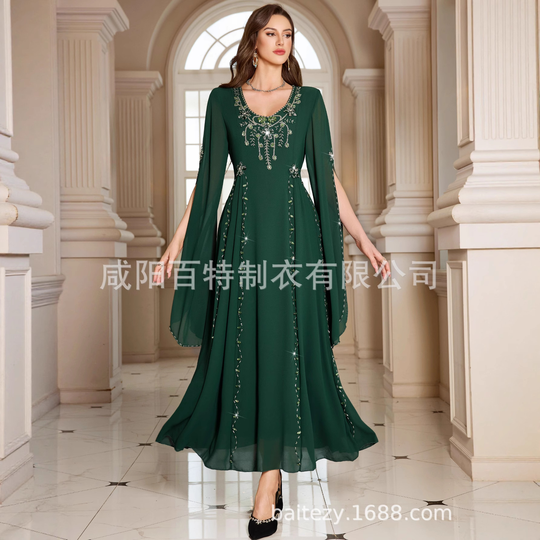 BA5180 Dark Green Foreign Trade Apparel Long Robe with Hand-Beaded Stitching - Fashion Gift