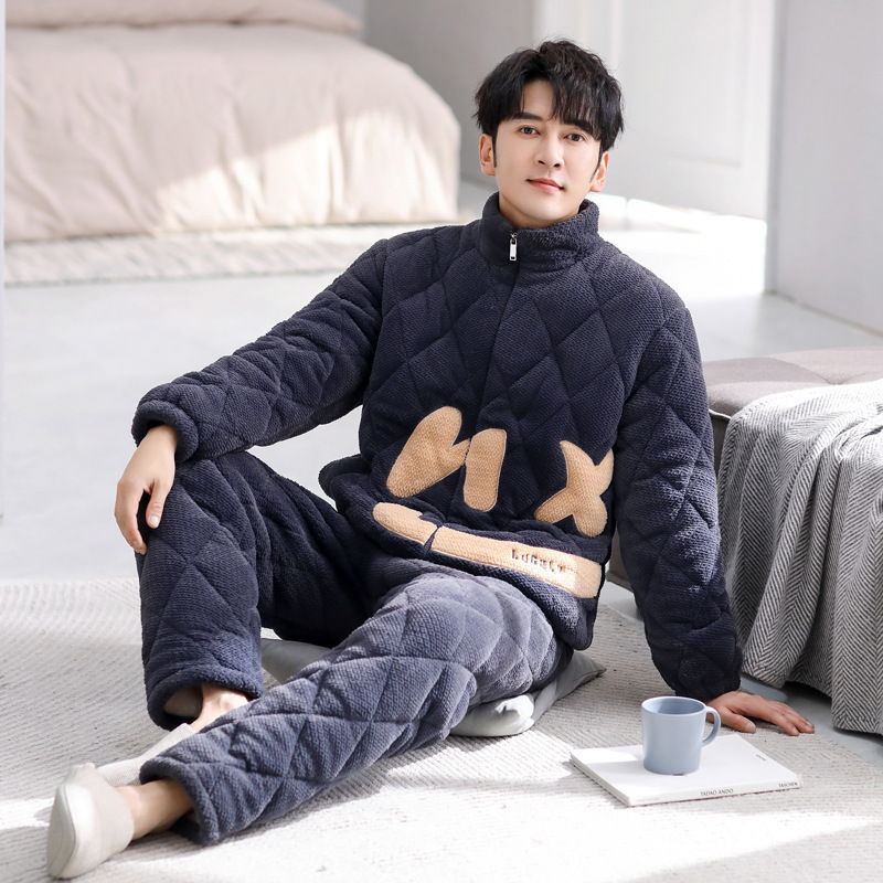 Pajamas men's winter coral fleece fleece-lined thickened three-layer quilted youth zipper casual boys home wear suit