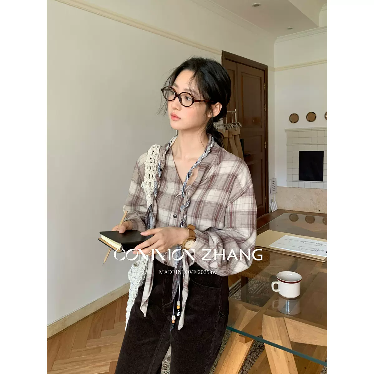 CZ ZHANG秋度假风格子棉衬衫女宽松休闲复古格子上衣送领巾B33847