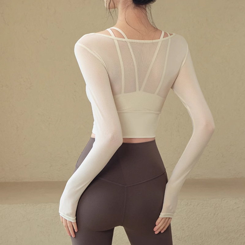Spring and Summer Fashionable Yoga Women's Fake Two-Piece Sports Tops with Chest Pads, Mesh Long-Sleeved Pilates Training Fitness Clothes