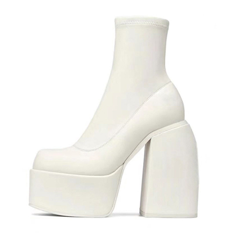 Scarpe col tacco grosso da donna, nuove scarpe rosse alla moda, con testa quadrata, in vernice, con tubo centrale, stivali elastici da donna di grandi dimensioni_voghion.com