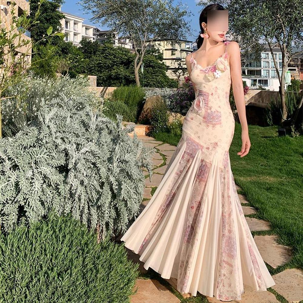 Seaside Vacation Tea Break Three-Dimensional Flower Suspender Dress, Summer Super Pretty Mesh Slim Fit Hip-Hugging Fishtail Skirt