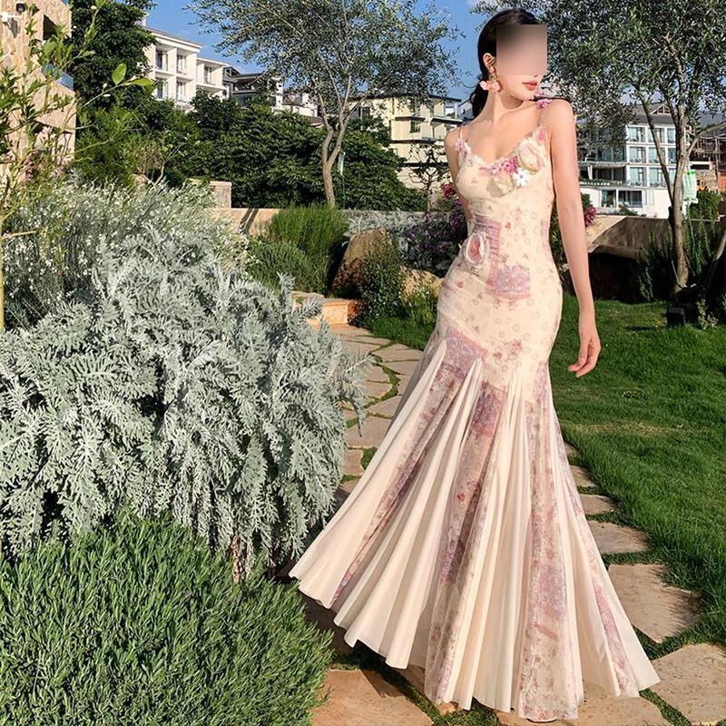 Seaside Vacation Tea Break Three-Dimensional Flower Suspender Dress, Summer Super Pretty Mesh Slim Fit Hip-Hugging Fishtail Skirt