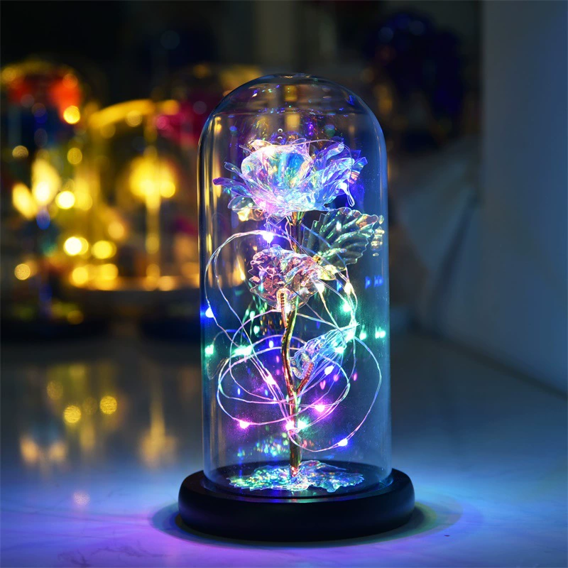 Золотая фольга 24k Amazon роза цветок стеклянная крышка LED искусственный цветок подарки на День святого Валентина и Рождество, вазочка