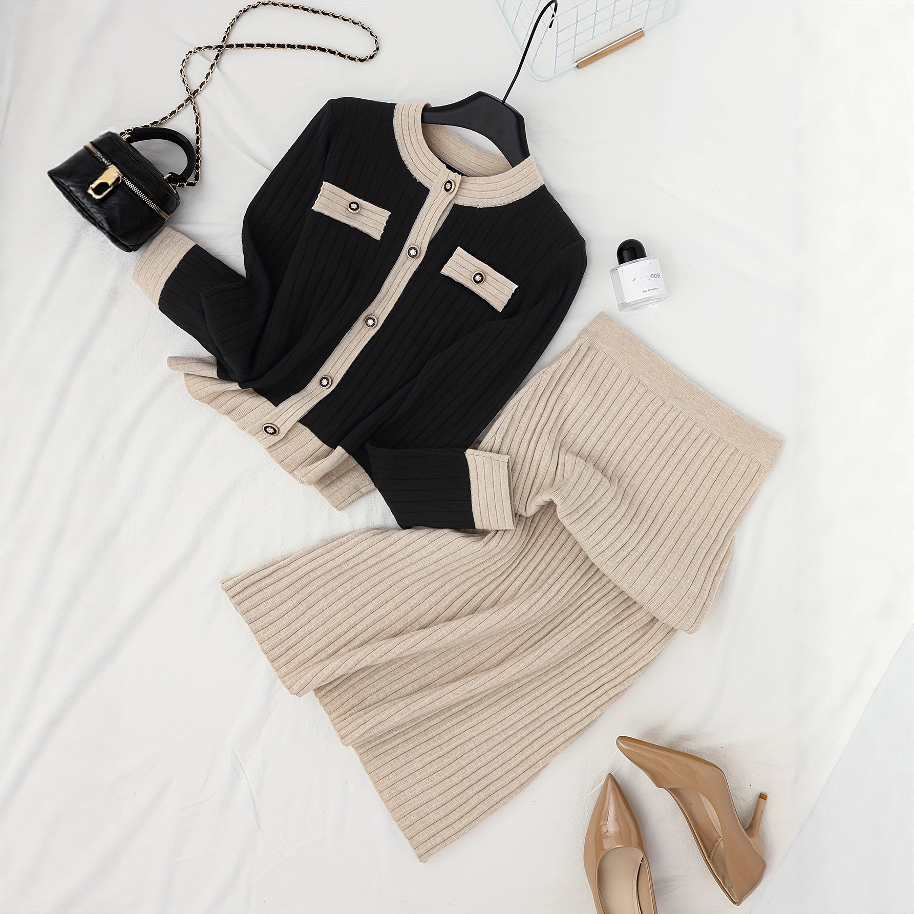 Elegant Knit Sweater & Solid Maxi Skirt Set – Color-Blocked Long Sleeve Top With Flowy Skirt_voghion.com