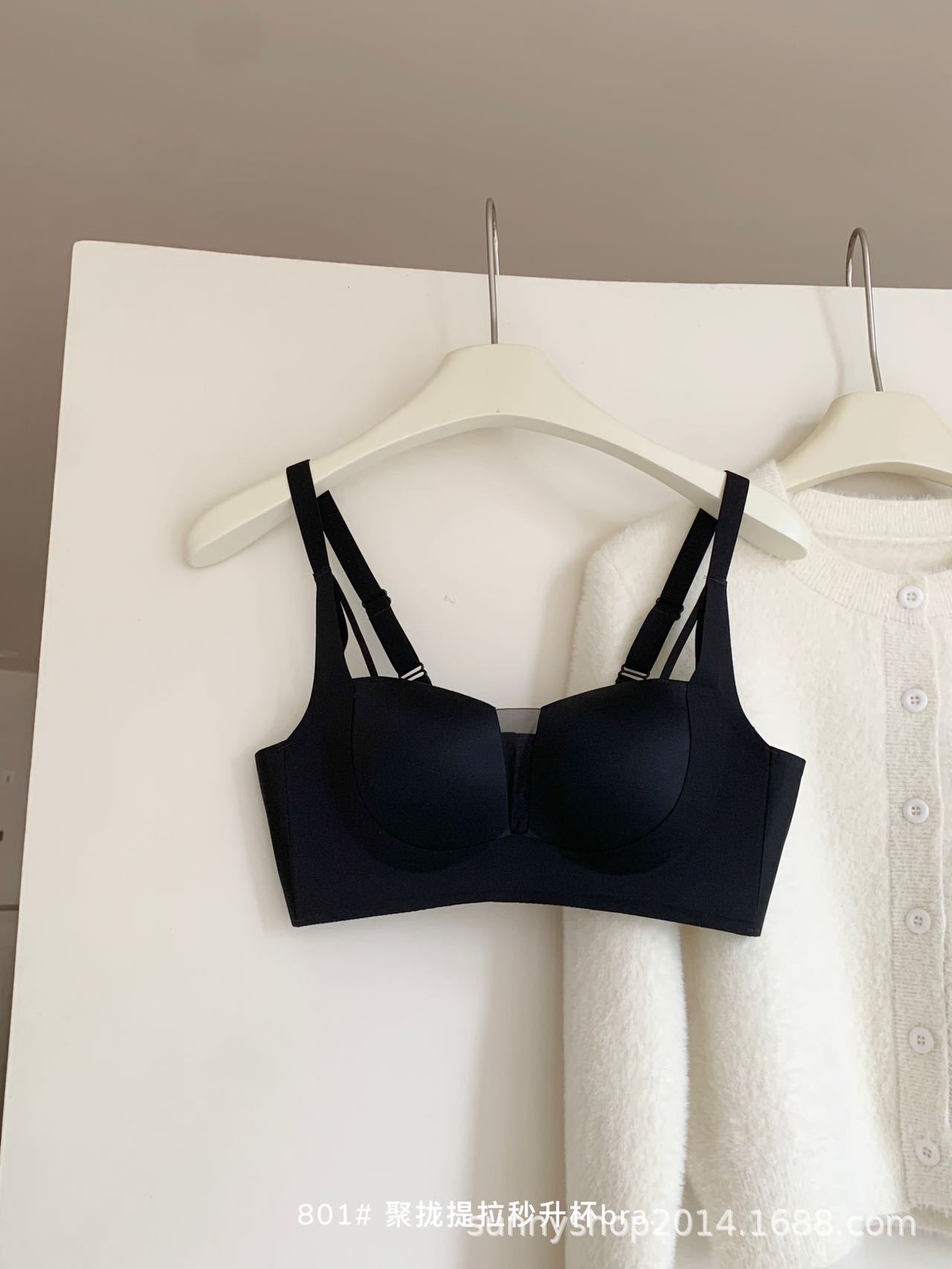 801 Pechos pequeños franceses reunidos y levantados, copa, malla sexy, ropa interior en V profunda, sin costuras, sin anillo de acero, sujetador de copa de una pieza, mujer