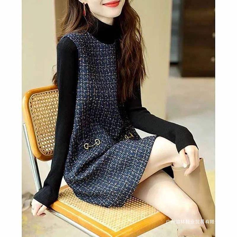 Round Neck Light Luxury French Slim Fit Tweed Slimming Chanel-Style Elegant Dress Women's Tank Dress Spring and Autumn Tank Dress