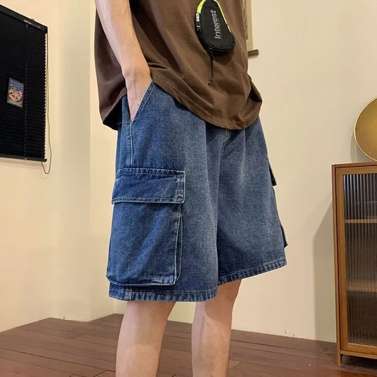 American-Style Denim Shorts for Men, Summer Thin Trendy Brand Workwear, Hong Kong Style Loose Large Pocket Washed Casual Shorts for Men American-Style Denim Shorts for Men, Summer Thin Trendy Brand Workwear, Hong Kong Style Loose Large Pocket Washed Casual Shorts for Men