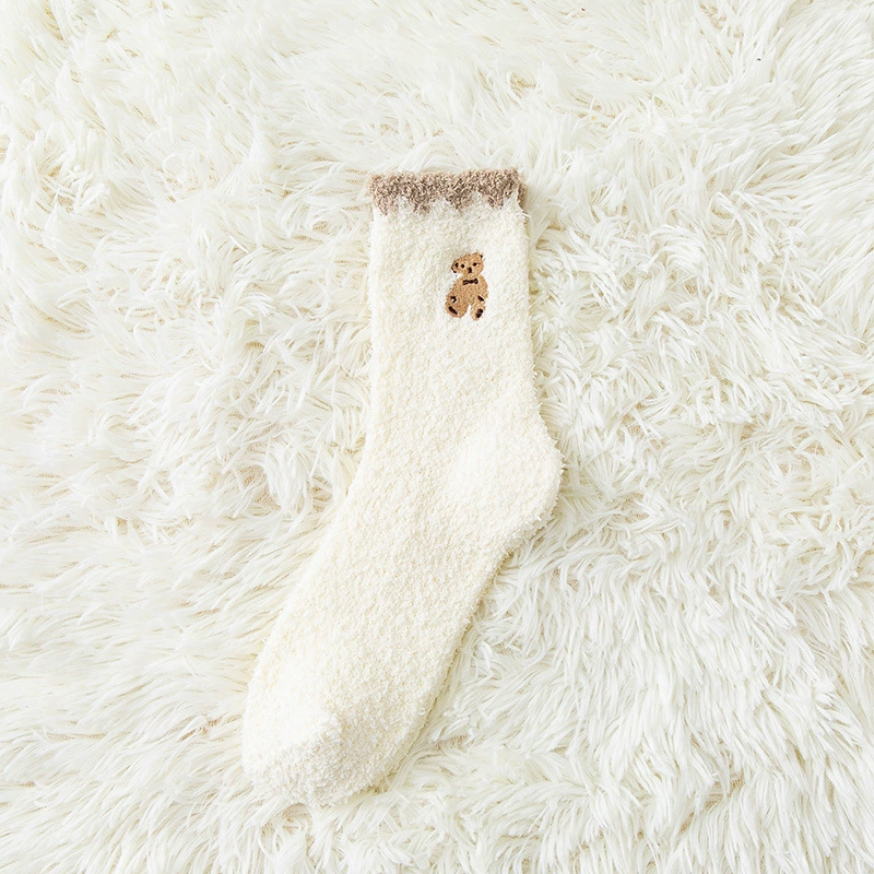 Coral velvet demi-season keep warm cartoon knee socks, with little bears, with embroidery, mid-length, increased thickness