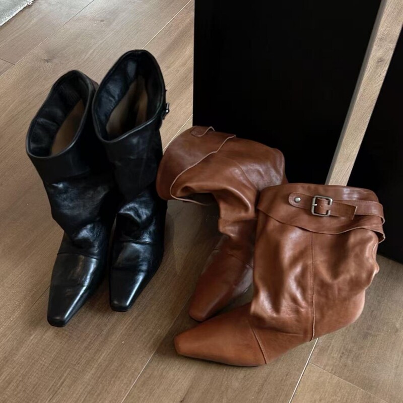 In Stock~2026 New Style Stacked Boots, Melard Style Western Cowboy Boots with Belt Buckle, Thin Heel, Pointed Toe Short Boots for Women In Stock~2026 New Style Stacked Boots, Melard Style Western Cowboy Boots with Belt Buckle, Thin Heel, Pointed Toe Short Boots for Women