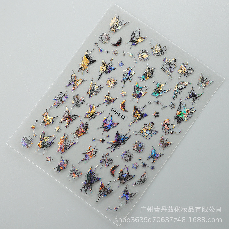 爆発的なネイルシールの上品な半透明な白い花びらの蝶のカラフルなオーロラガラスの破片には、ゴムの爪がついています|undefined