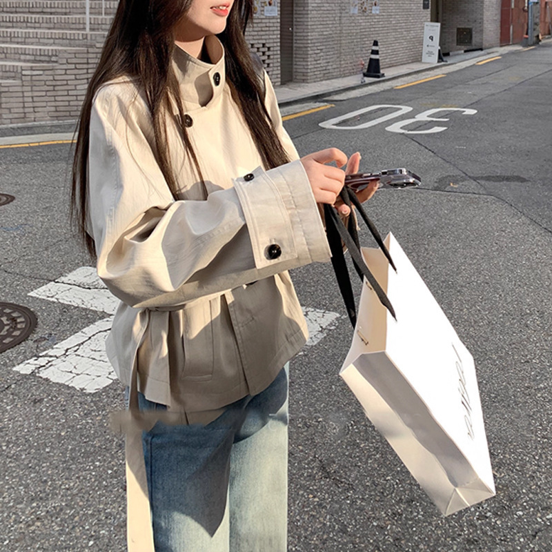 【首尔假日】早秋韩系短款风衣外套女英伦风立领收腰外套长袖上衣|undefined