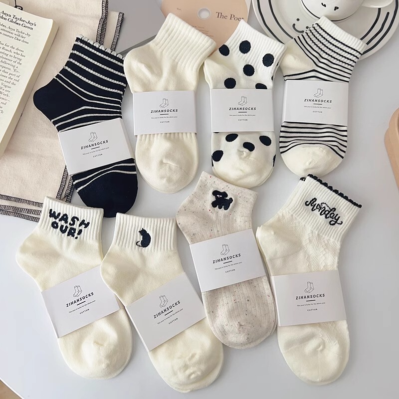 White Socks Women's Socks Summer and Autumn Thin Short Socks Cotton Sweat-Absorbent Japanese Style Style Xiaohongshu Same Style Polka Dot Socks Popular