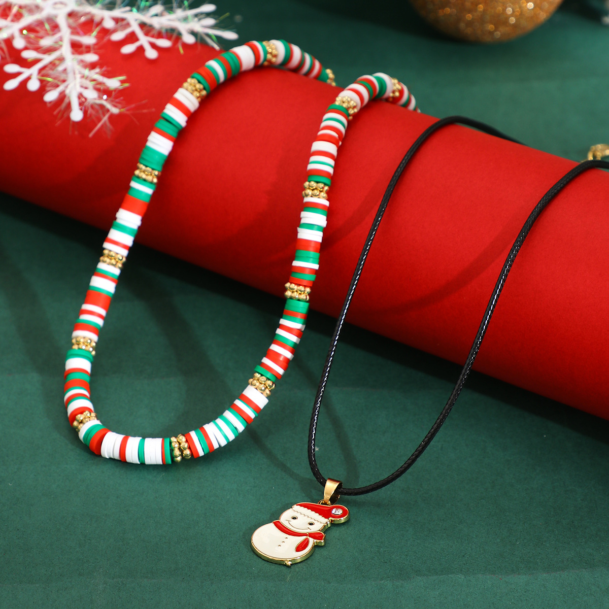Christmas Beaded Choker Necklace With Crystal Snowman Charms_voghion.com