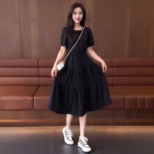 Summer short-sleeved dress, women's mid-long 2026 new style, slimming and waist, fashionable high-waisted round-neck dress