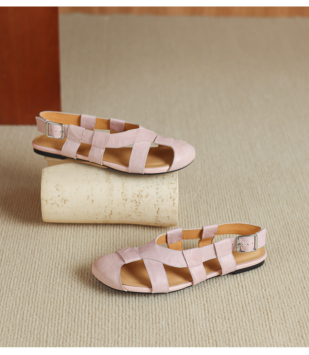 Sandal nữ bệt bọc mũi da bò đan vintage phong cách La Mã — Gạch đỏ chi tiết 24