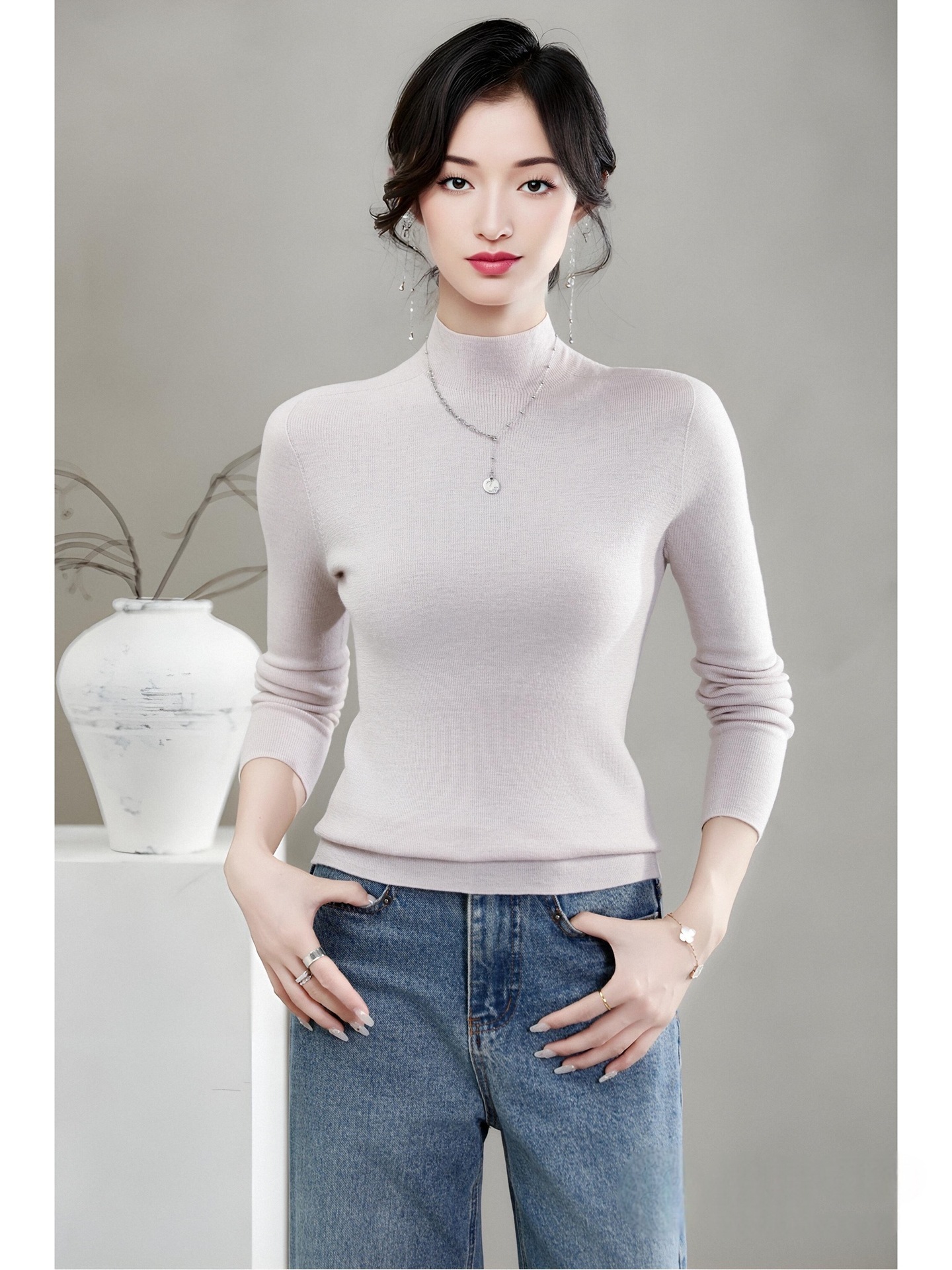 揚子糸ワンピース成形シームレスウールセーター女性のセータースリムハーフタートルネック 100% ウールニットボトリングシャツ
