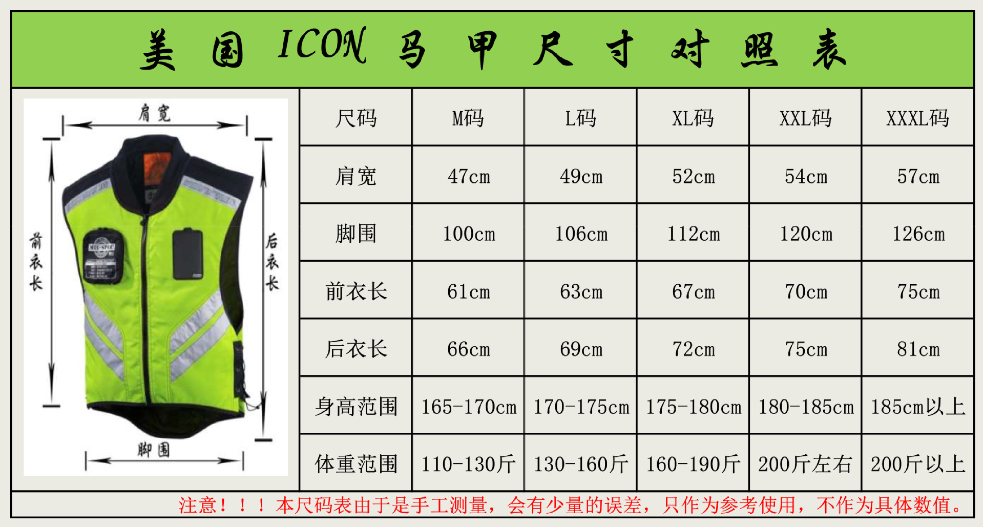 马甲尺寸对照表