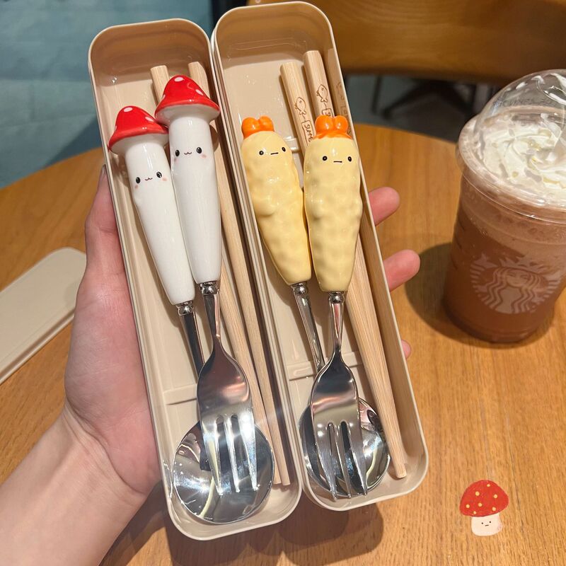 かわいい動物の箸とスプーンセットステンレス鋼学生一人用子供用フォーク食器ポータブル収納ボックス|undefined