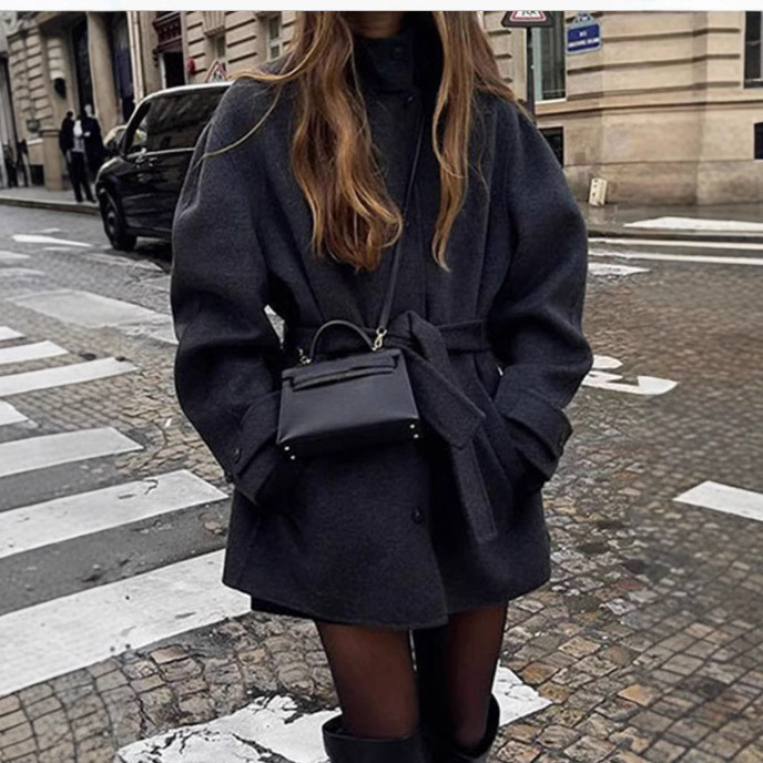 Damkläder Höst och vinter Nytt dambälte Halvhög krage enfärgad yllerock_voghion.com