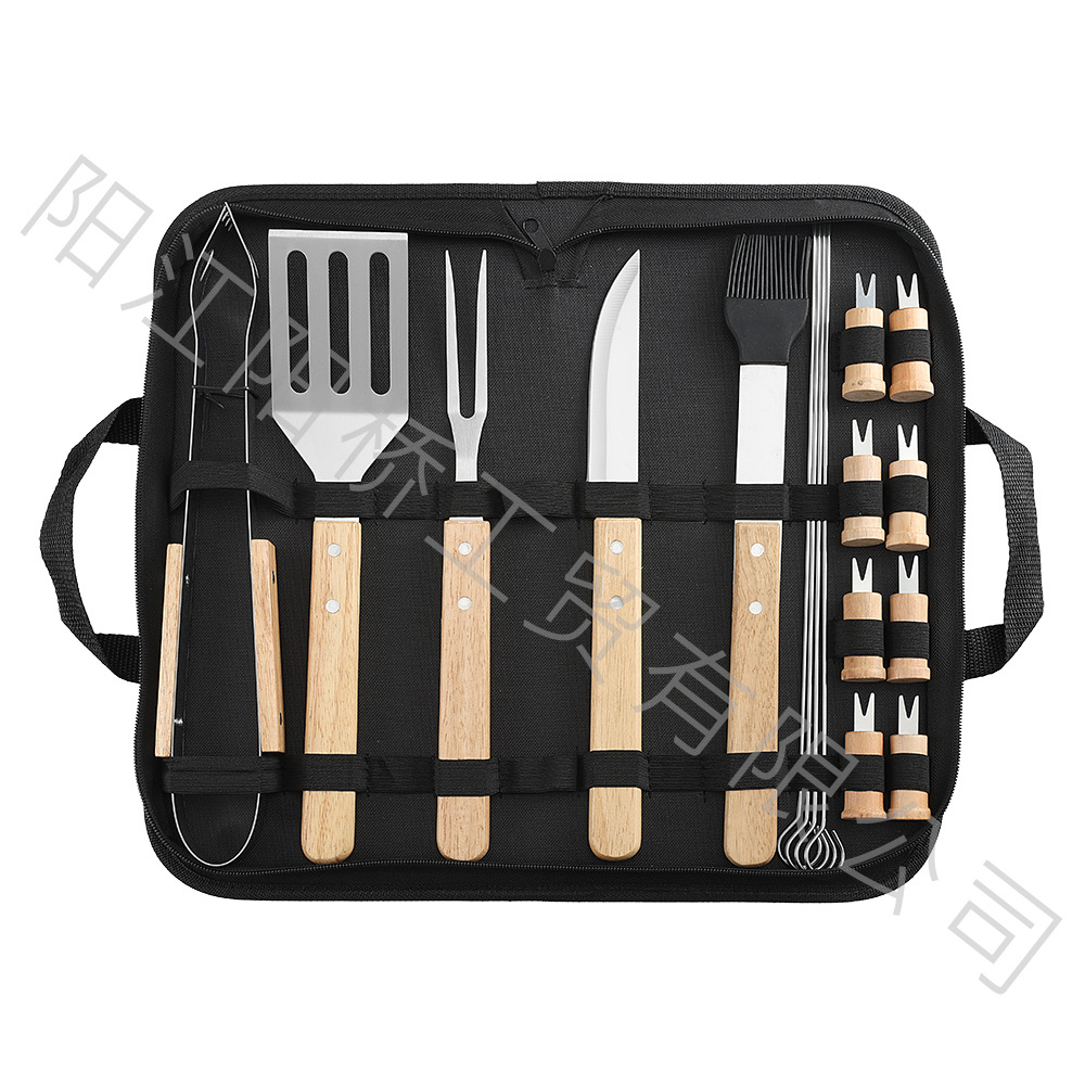 Acero inoxidable parrilla de acampamiento al aire libre BBQ conjunto de parrilla combinación de mango de madera bolsa de tela parrilla conjunto de herramientas