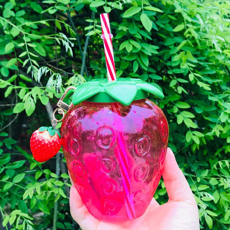 INS estilo lindo taza de fresa transparente taza de paja niños taza de plástico desechable leche té taza de fruta taza de agua portátil