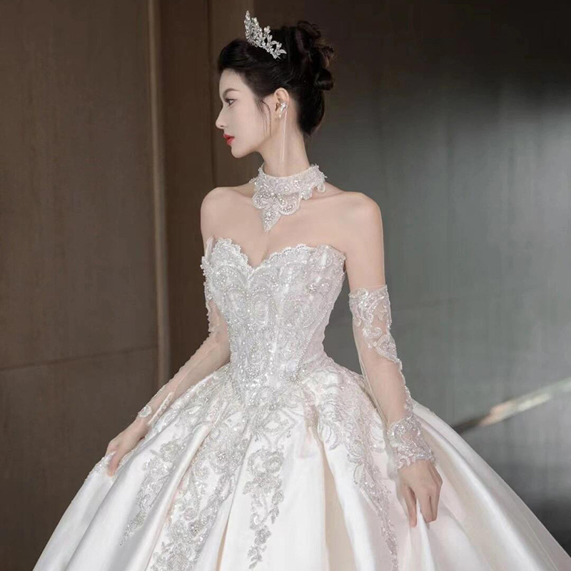 2026 nuevo vestido de novia satén texturas de alta calidad francesa retrógrada de pecho vestido de salida verano D113 image 7