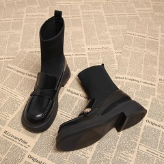 本革ショートブーツ女性2024新型痩せ靴秋冬平底楽福靴マーティン靴弾力靴秋冬痩せ