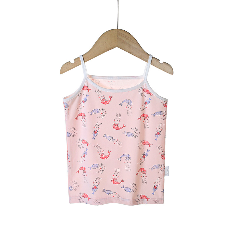 Children's New Lycra Cotton Children's Round Neck Strap Girls' Tank Top Baby Cartoon Print Korean Cotton Underwear