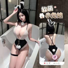 林林婷情趣内衣女蕾丝丝绒拼接绑带连体衣免脱兔女郎制服套装8511