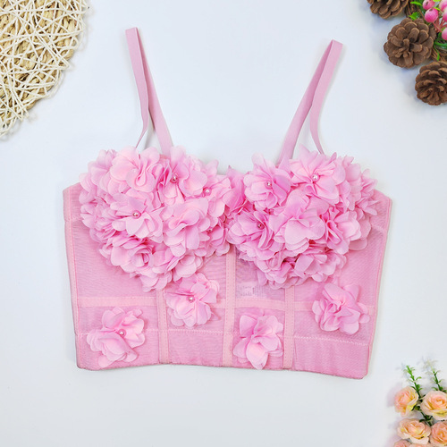 Lace mesh fishbone suspender short style flower vest with breast pad for outer wear bottoming breast-wrapped French beaded top